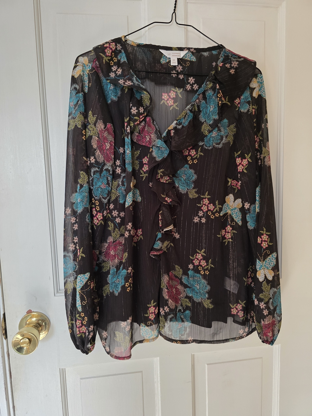 LC Lauren Conrad Beautiful Black Sheer Floral Ruffle Blouse Size M